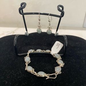 Bracelet and earring set, silver and jade